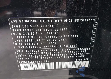 2022 Volkswagen Tiguan 2.0T Se R-Line Black z USA, uszkodzony, nr VIN 3VVCB7AX6NM127675